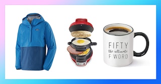 A Blue Jacket, A Cooking Device And A Coffee Mug