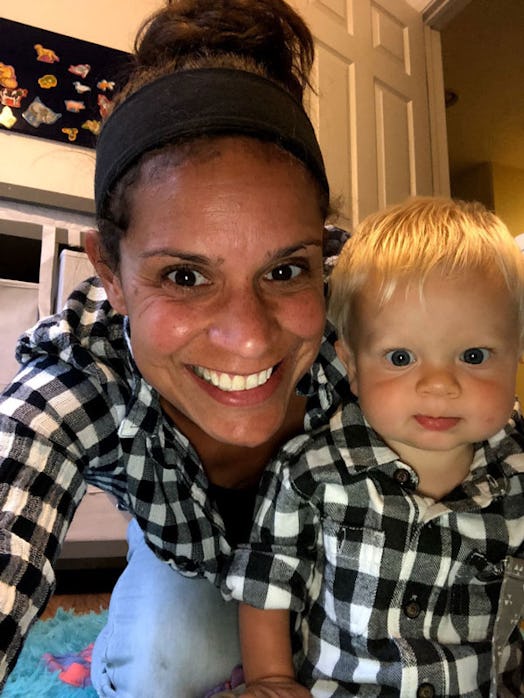 Leah Olson and her blonde son wearing matching gingham shirts