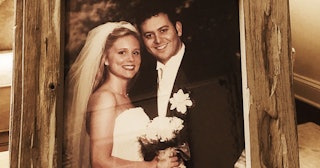 A framed photograph of Shannon Armenis and her husband on their weeding day as bride and groom