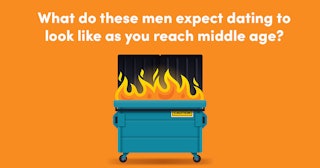 Illustration of a dumpster on fire on a plain orange background with a question about dating once me...