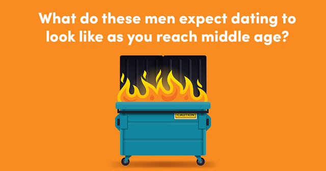 An illustration of a dumpster on fire on a plain orange background with a question about dating once...