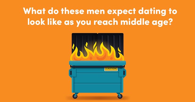 An illustration of a dumpster on fire on a plain orange background with a question about dating once...