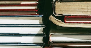 A close-up of two book stacks