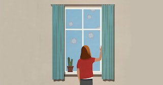 Drawing of a girl standing in front of a window while protecting herself from the coronavirus