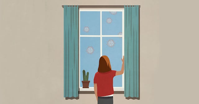 An illustration of a girl standing in front of a window while protecting herself from the coronaviru...