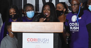 Congresswoman-elect Cori Bush speaks during her election-night watch party on November 3, 2020 at ca...