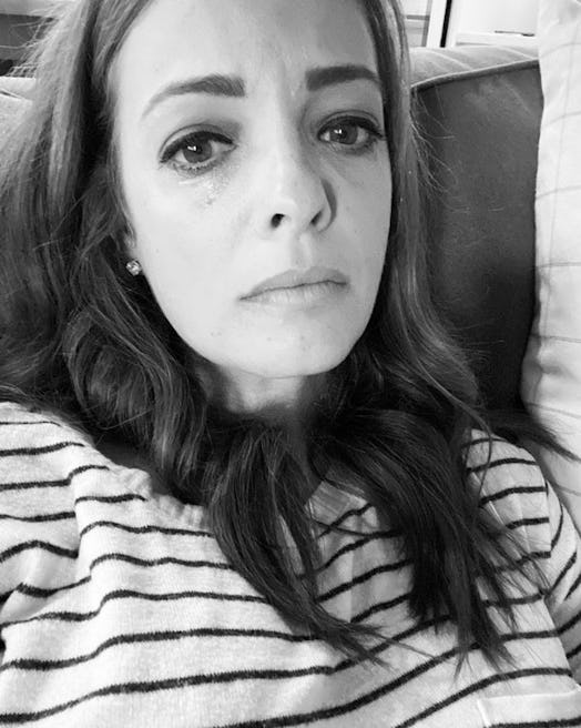 Stephanie Hanrahan crying after finding out she needed a hysterectomy in a black and white selfie