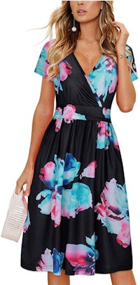 OUGES Summer Short Sleeve V-Neck Floral Dress