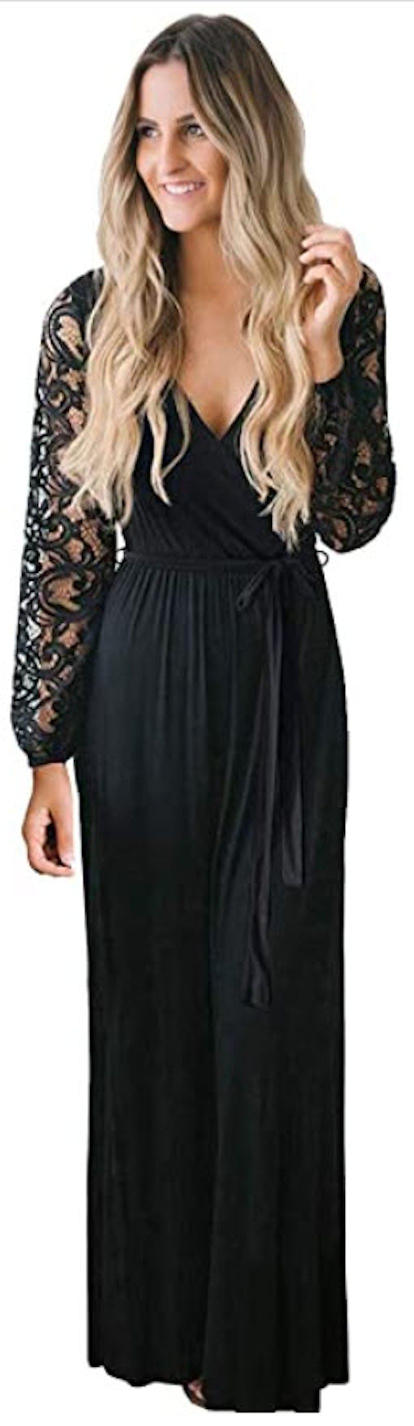 Zattcas Vintage Floral Lace Long Sleeve Faux Wrap Dress