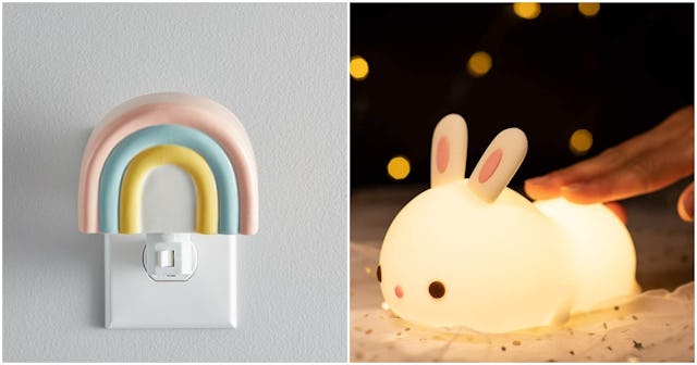 Ceramic rainbow night light on the left, a person switching on kids bunny night light on the right.