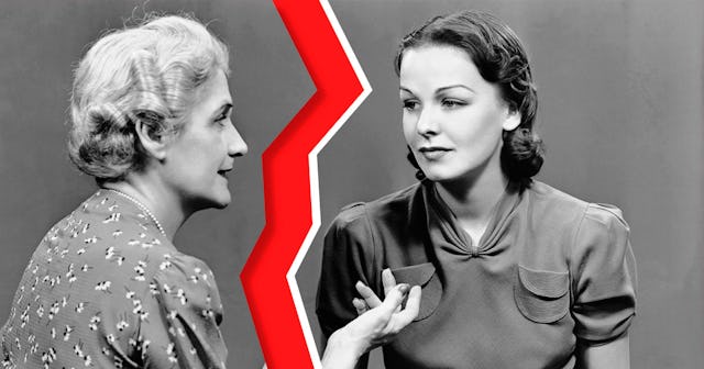 An older and younger woman looking at each other with a red zig-zag line between them
