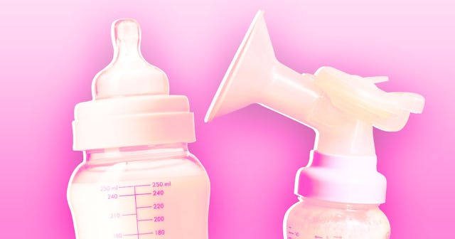 A bottle for a baby with formula in it and a bottle with a baby pump instead of a lid