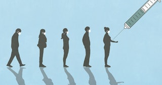 An illustration of people standing in line for a COVID vaccine with a blue background