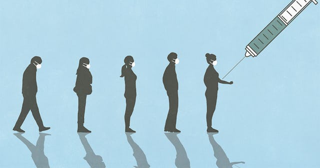 An illustration of people standing in line for a COVID vaccine with a blue background