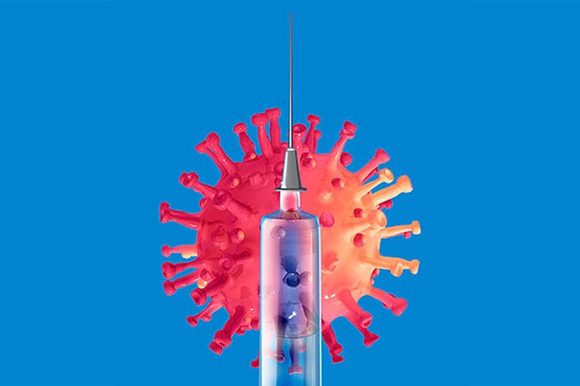 A COVID vaccine in a syringe with a COVID virus molecule illustrated behind it