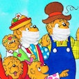 Family from the Berenstain Bears cartoon with the family wearing protective face masks