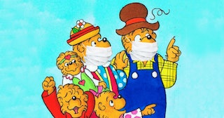 The family from the Berenstain Bears cartoon with the family wearing protective face masks