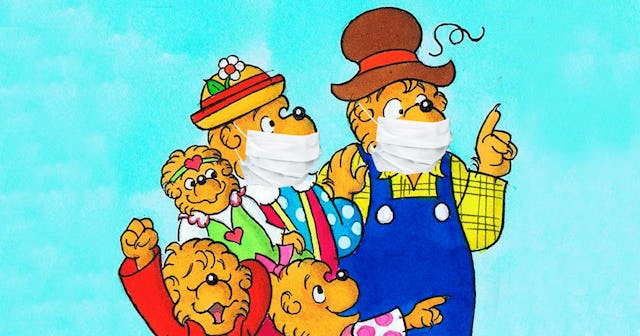 The family from the Berenstain Bears cartoon with the family wearing protective face masks