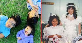 A two-part collage of Jamie Corona's children and her wedding photo with her standing next to her mo...
