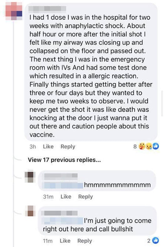 An anti-vaxxer comment on Facebook saying she had an allergic reaction after getting the vaccine sho...