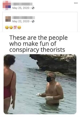A meme of two persons on a beach wearing masks saying they are the kind of people who make fun of co...