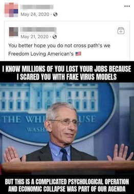 A meme of Anthony Fauci saying how economic collapse was part of their COVID agenda