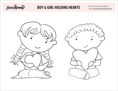 Valentine's Coloring Pages: Boy & Girl Holding Hearts