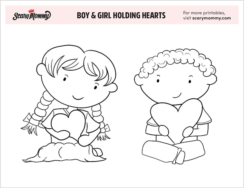 Valentine's Coloring Pages: Boy & Girl Holding Hearts