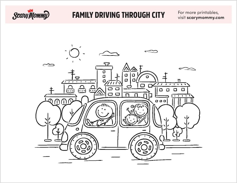 Coloring Pages: Family Driving Through City