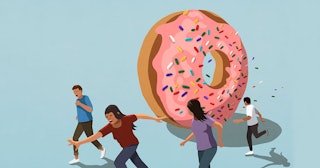 An illustration portraying a large donut attacking people while they flee in fear
