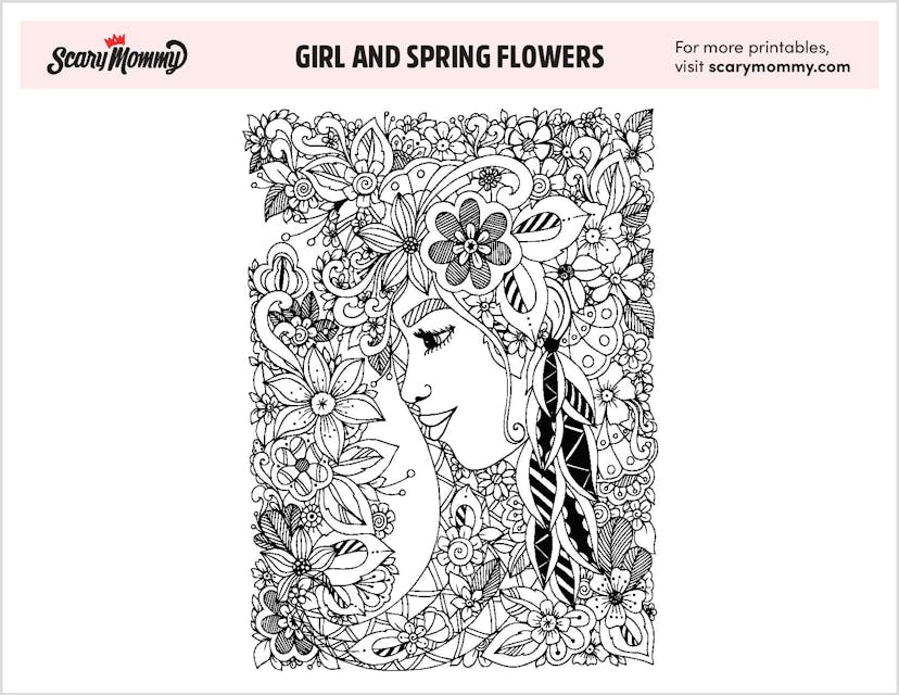 Spring Coloring Pages: Girl And Spring Flowers