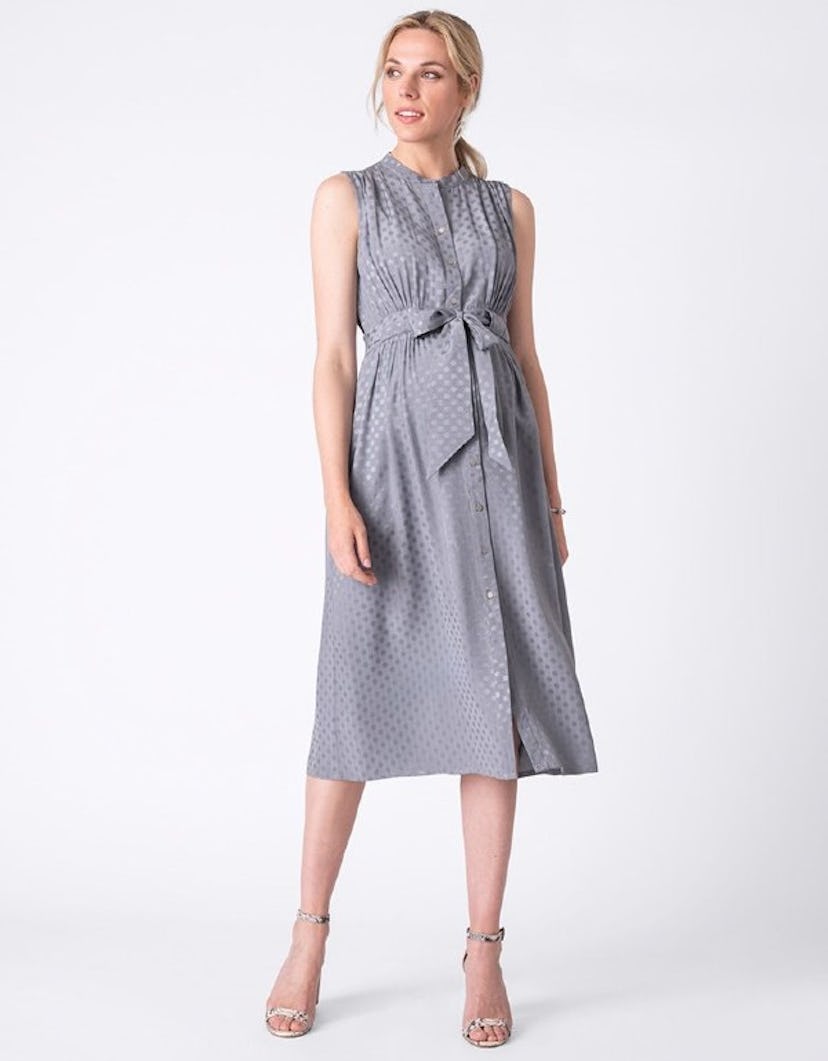 Seraphine Grey Woven Spot Detail Maternity Midi Dress