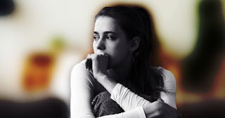 A worried-looking wife in black and white with a blurred background who completely forgot she just h...