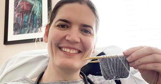 A selfie of Dr. W knitting at the Super Bowl