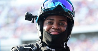 Brehanna Daniels wearing a helmet and glasses