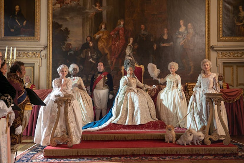 Queen Charlotte and her court members in the "Bridgerton" series