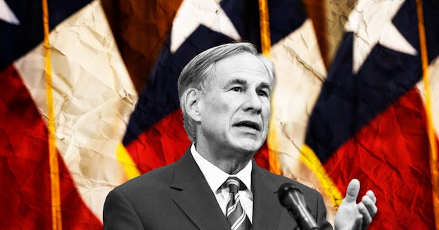 A collage with Greg Abbott speaking to a microphone in front of Texas flags