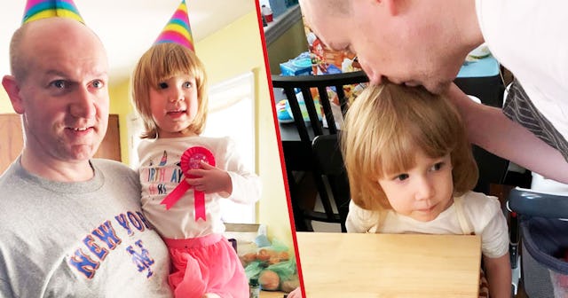 A two-part collage of a dad and his daughter celebrating a birthday, and the dad kissing his daughte...