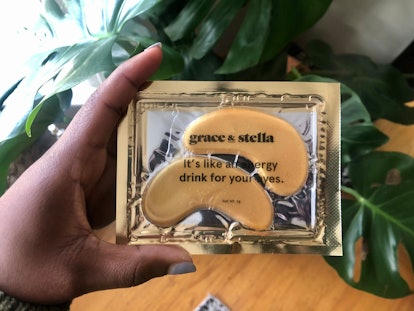 Grace & Stella Under Eye Mask product in a golden and silver bag with text written on it 