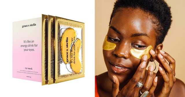 Grace & Stella Under Eye Mask in golden color and a black woman next to it applying the product unde...