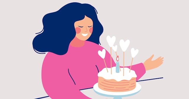 An illustration of a woman with dark hair and a pink shirt blowing out candles on a cake 