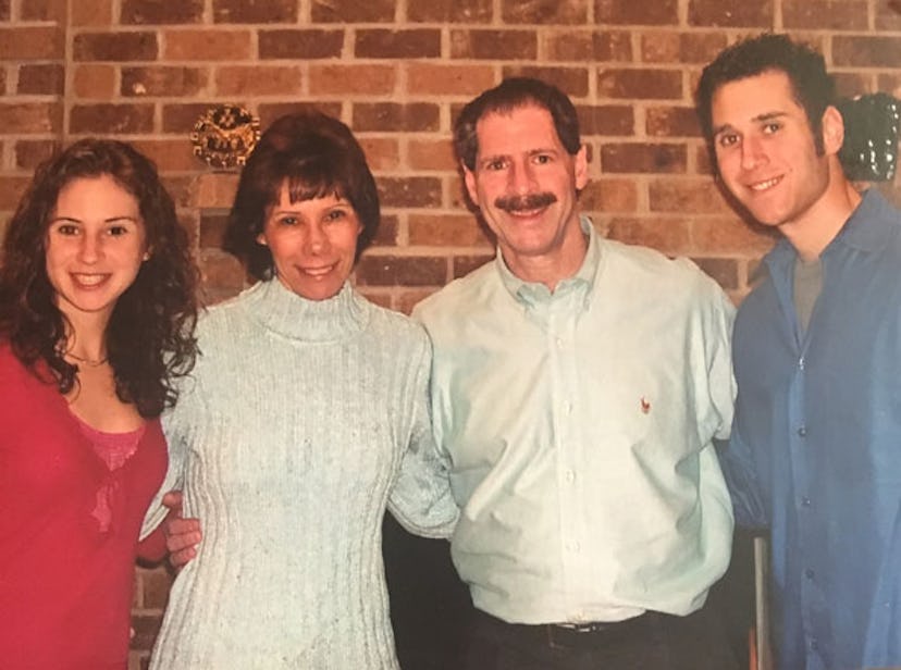 Jaime Schwartz Cohen standing posing and smiling with her mom, her dad with Alzheimer's disease and ...