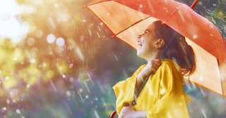 rain jokes, girl with umbrella standing in the rain