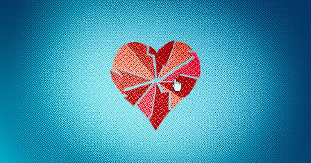 A red heart broken into pieces with a blue background and a cursor on it