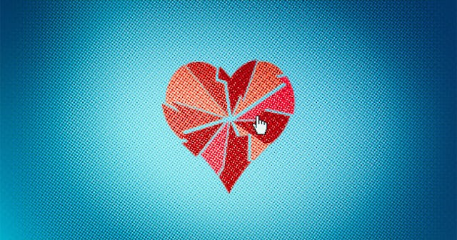 A red heart broken into pieces with a blue background and a cursor on it