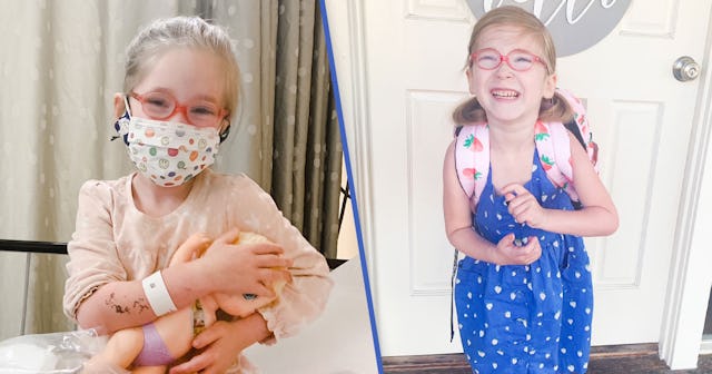 A two-part collage of a girl with a mask, holding her doll in a hospital bed; the same girl wearing ...