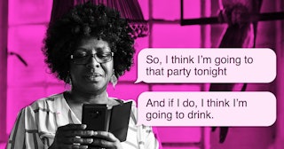 A mother looking in a text from her teen daughter where she informs her she is going to drink at a p...
