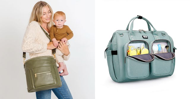 Mother carrying her child and big green diaper bag