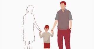 Illustration of a dad and a son standing alone because mom abandoned them 