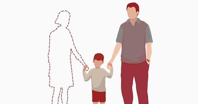 Illustration of a dad and a son standing alone because mom abandoned them